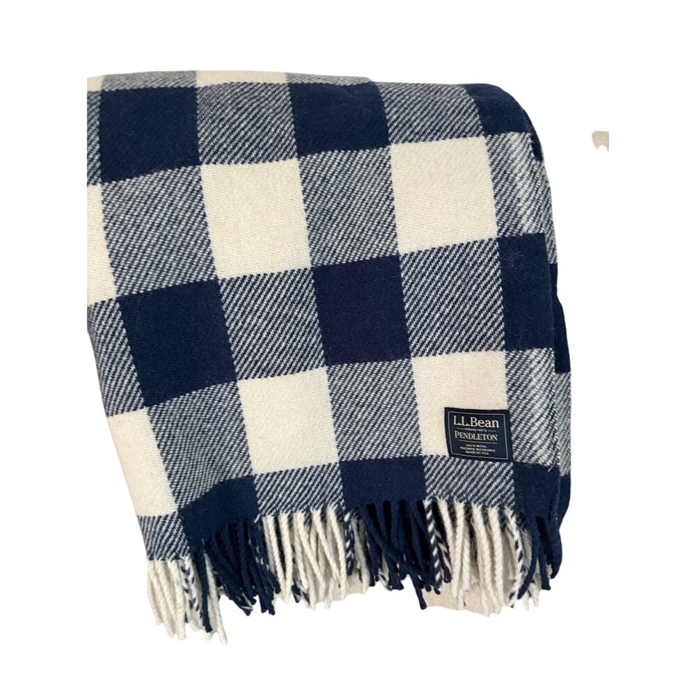 LL Bean & Pendleton Washable Wool Throw Blanket Cream Indigo Heather 54" x 60"